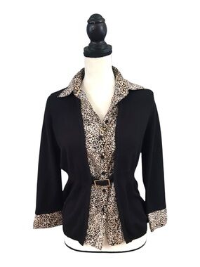 Kim Rogers Black Cardigan with Leopard-Print Trim